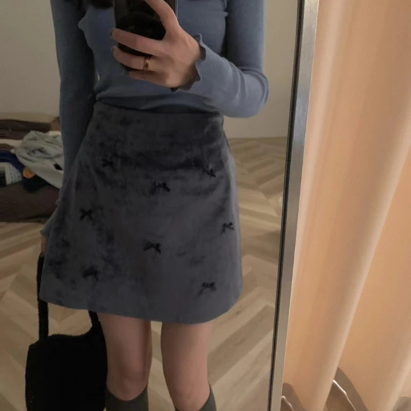 Contrast Color Bow Spliced Velvet Aline Skirt Spring New Korean High Waist All Match Mini Skirt