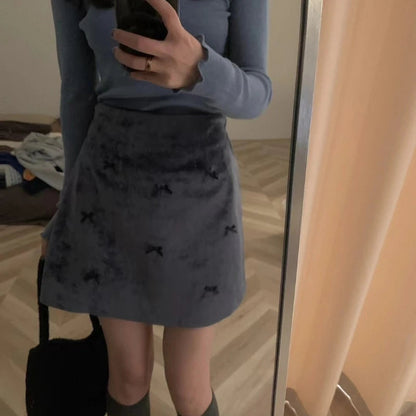 Contrast Color Bow Spliced Velvet Aline Skirt Spring New Korean High Waist All Match Mini Skirt