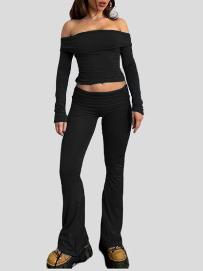 Skinny Ruched Off Shoulder Long Sleeve Tee Shirt and Flared Pants 2 Pieces Sets