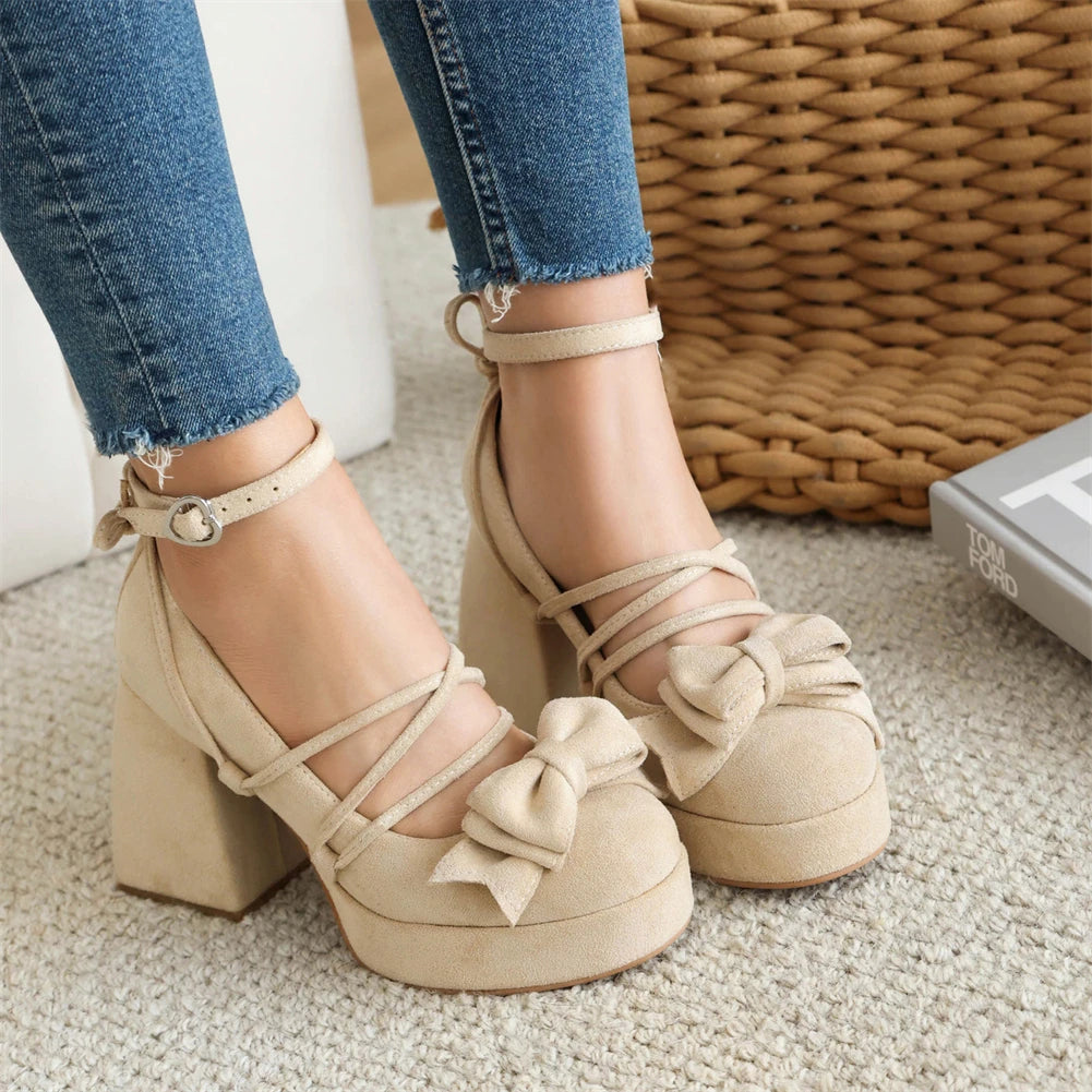 Lolita Bow Bow Decor Pumps Platform Chunky High Heels Ankle Strap Sweet Pumps for Girl Shoes