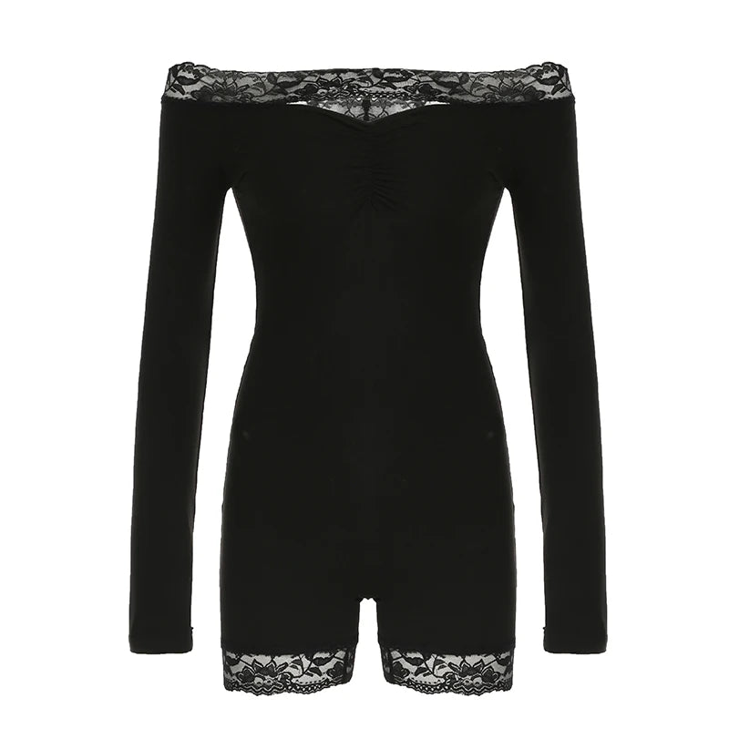 Slim Black Lace Trim Playsuit Comfortable Long Sleeve Classical Rompers S New