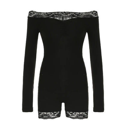 Slim Black Lace Trim Playsuit Comfortable Long Sleeve Classical Rompers S New