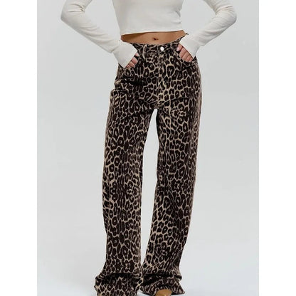 Y2k Leopard Jeans Woman Baggy Spring Harajuku Denim Pants Korean Causal Trousers Aesthetic