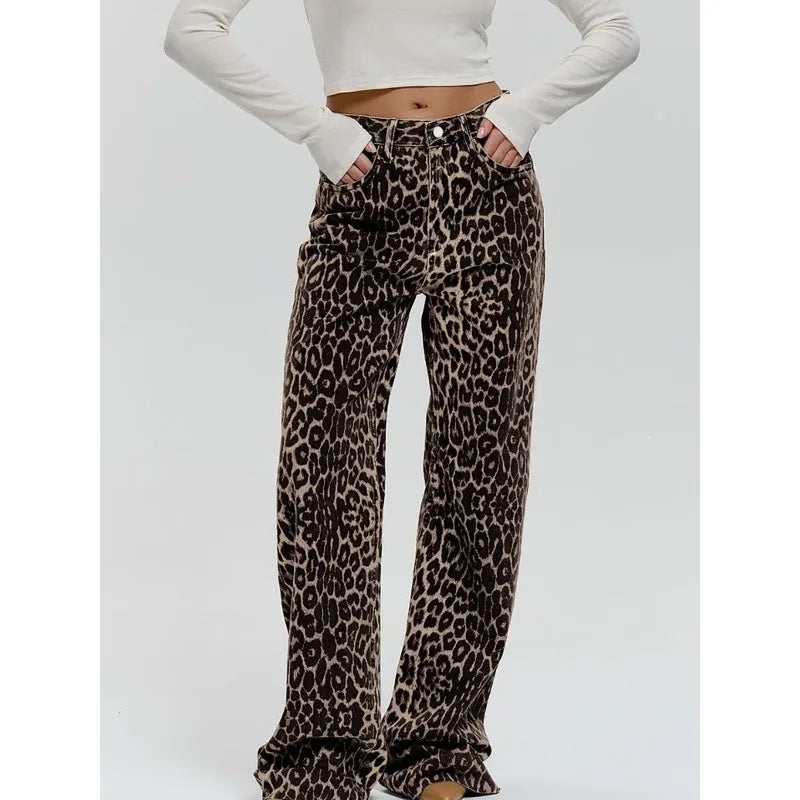 Y2k Leopard Jeans Woman Baggy Spring Harajuku Denim Pants Korean Causal Trousers Aesthetic