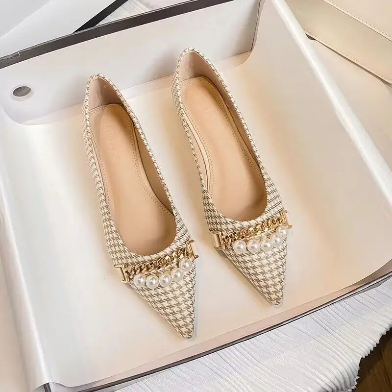 Normal Leather Pearl Pointed Toe Formal Shoes for Woman Flats Flat Summer Footwear Office and E