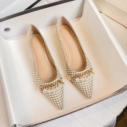 Normal Leather Pearl Pointed Toe Formal Shoes for Woman Flats Flat Summer Footwear Office and E