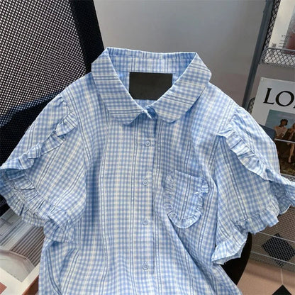 Harajuku Sweet Blue Plaid Shirts Summer Puff Sleeve Ruffles Blouses Y2k Grunge Single Breasted Blusas Mujer