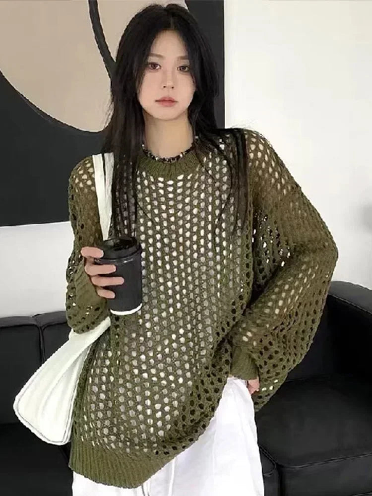 Summer Oversize T-shirt Knitted Sweater ’s Long Sleeve Transparent Top Loose Pullovers Basic T-shirt for