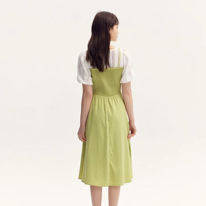 Dress Bubble Sleeves Lace Patchwork Faux Two-piece Slim Fit Summer New Fresh Style Round Neck Mid-length Skirt
