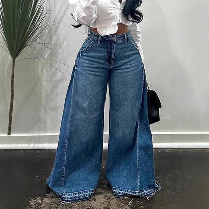 Blue Washed Flared Jeans Harajuku Y2k Oversized Wide Leg Spliced Tassel Denim Pants Baggy American Retro Trousers