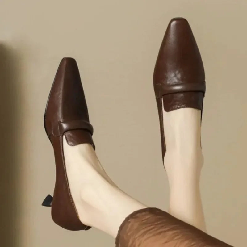 French Retro Temperament Lowheeled Shoes Spring New Leather Pointed High Heels Small Leather Shoes Large Size 43