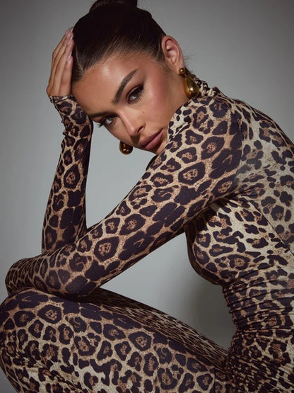Leopard Print Long Sleeve Maxi Dress for Autumn Winter Turtleneck Printed Bodycon Long Dress
