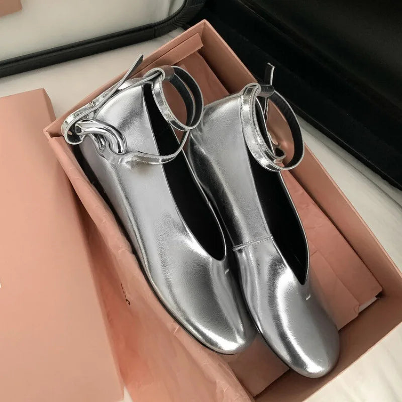 Sandals Mary Jane Flats Dupe Silver Black Gold Big Size Ankle Strap Round Toe Ballerinas Shoes