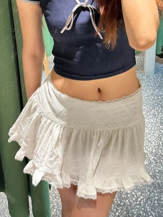 White Lace Trim Sweet Mini Skirts Summer Folds Texture High Waist Aline Short Faldas Balletcore Skirt
