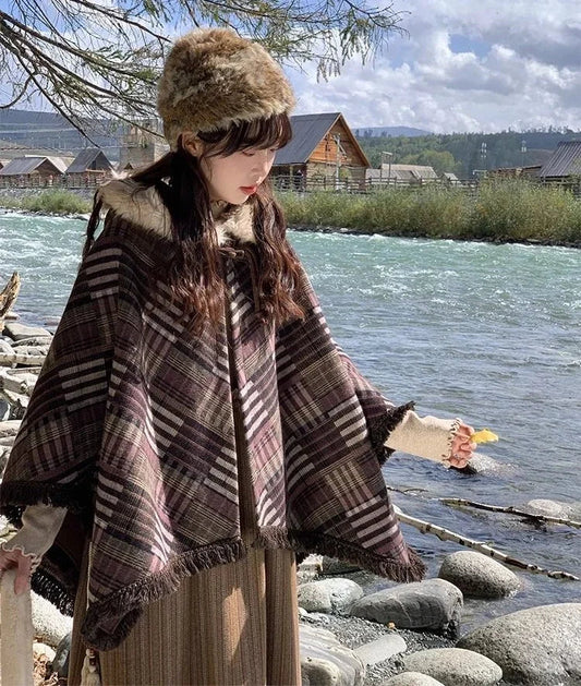 Japanese Gentle Patchwork Brown Tassel Hooded Cloak Shawl Short Coat Autumn/winter New