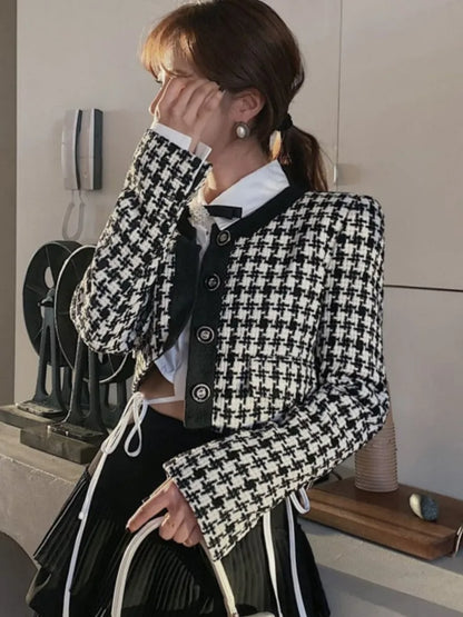 Cropped Jacket French Single Breasted Long Sleeve O-neck Top Autumn Y2k All-match Houndstooth Coats New