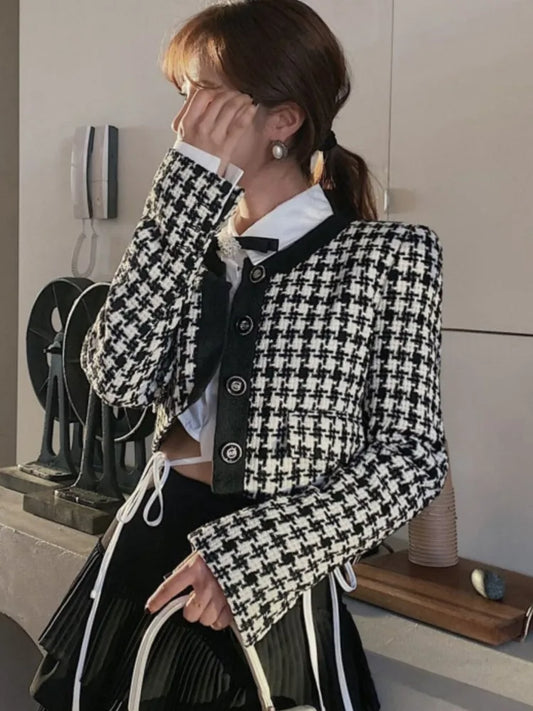 Cropped Jacket French Single Breasted Long Sleeve O-neck Top Autumn Y2k All-match Houndstooth Coats New