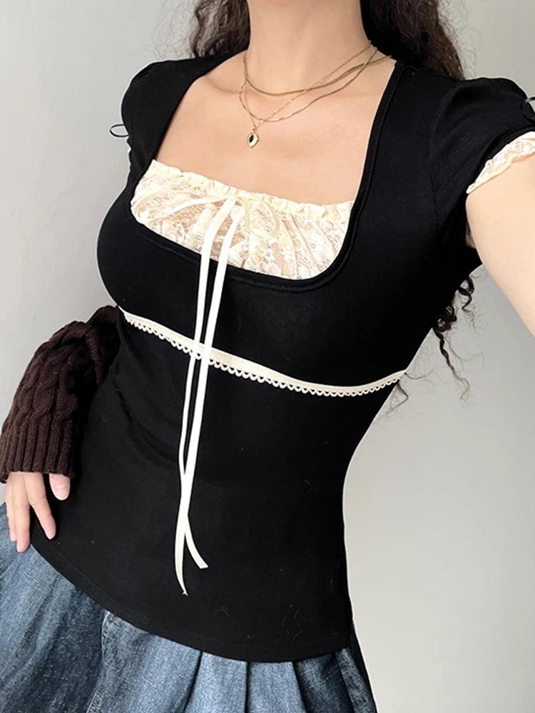 Sweet Y2k Contrast Lace Patchwork Square Collar Black T-shirt Short Sleeve Basic Balletcore Summer Tops