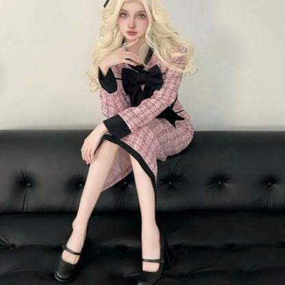 Autumn Winter New Korean Two-piece Skirt Set Crop Jacket Coat Bodycon High Waist Midi Skirt Outfits