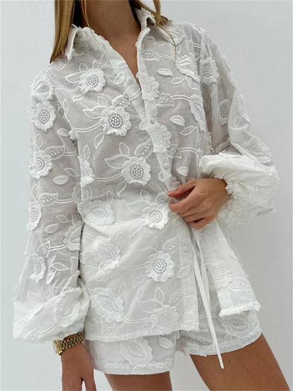 Printed See-through Outfits Female Patchwork Cardigan Shirts and Lace-up High Waist Shorts Sets Autumn 2 Piece-set