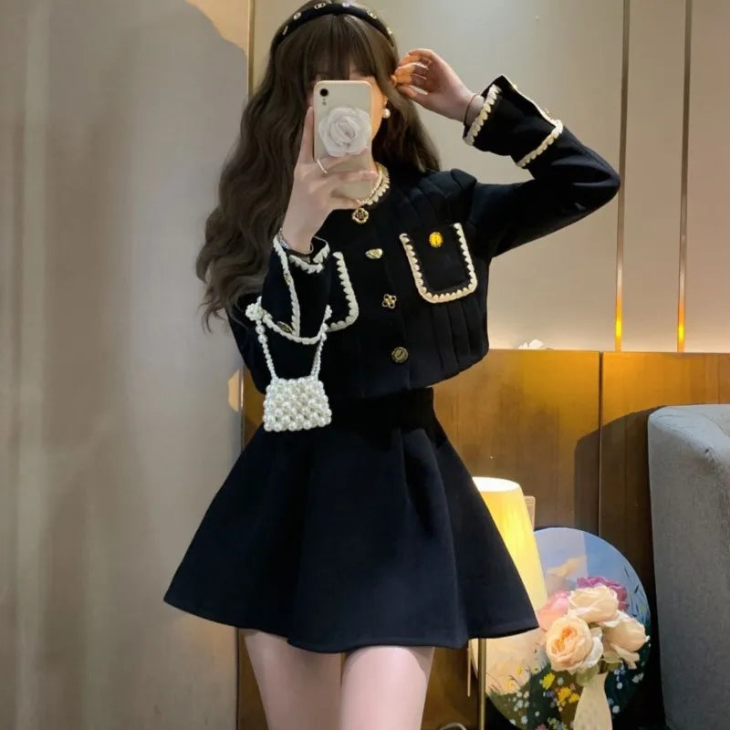 Autumn New Two-piece Skirt Sets Korean Crop Jacket Coat Mini Skirt Female Clothing Y2k Outfits