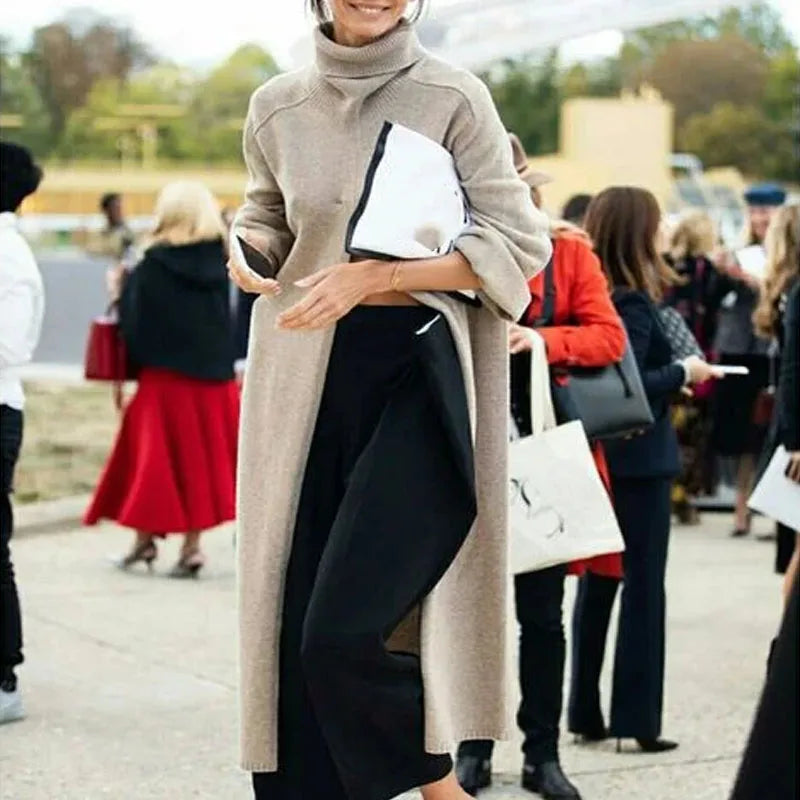 Stylish New Knitting Tops Commuter Turtleneck Sweater Coats Female Warm Long Sleeve Split Jumper Pullover Knit