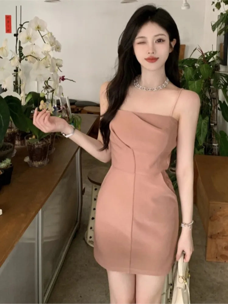 New Midi Dress Summer Spaghetti Strap Pleated Bodycon Party Slim One Piece Clothes Vestidos