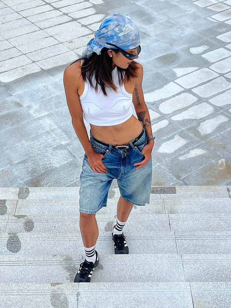 Blank Patched Jeans Jorts Do Old Whiskers Wide Leg High Waist Denim Short Pants Y2k Korean