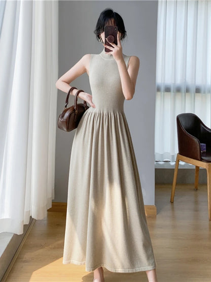 Spring Summer New Sleeveless Knitted Midi Dress Slim Robe