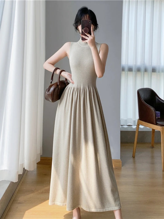 Spring Summer New Sleeveless Knitted Midi Dress Slim Robe