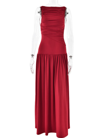 Artcat Sleeveless Round Neck Bodycon Long Dress for Folded Slimming Party Evening Dress Female Tight Vestido