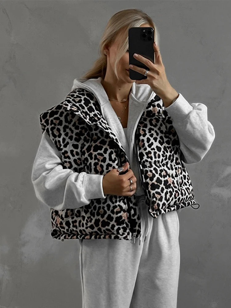 Leopard Zipper Cotton Vests Loose Sleeveless Lapel Short Coats Female Autumn Street Outwear
