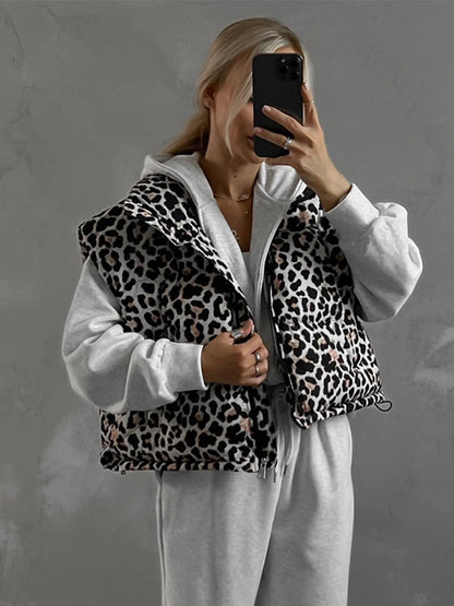 Leopard Zipper Cotton Vests Loose Sleeveless Lapel Short Coats Female Autumn Street Outwear
