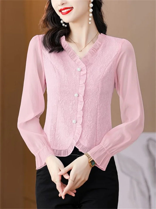 Woman Spring Autumn Style Blouses Shirts Lady Long Sleeve V-neck Color Blusas Tops Df4615