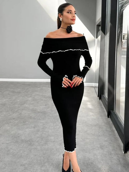 Fall Winter One-shoulder Long Knit Dress Slim Fungus Splice Contrast Color Sweater Female Club Party Dresses