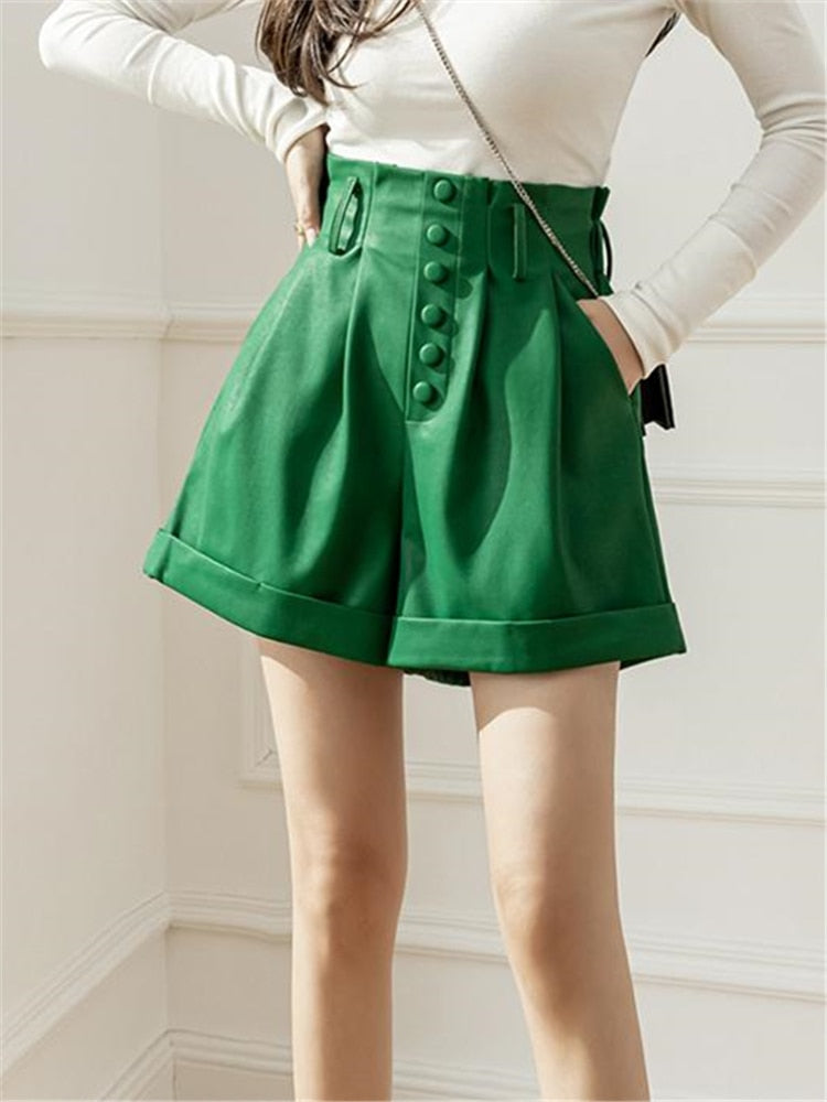 Shorts Autumn Winter Single Breasted High Waist Wide Leg Pants