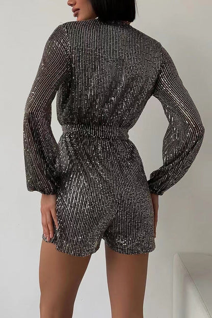 Sequin V Neck Tie-up Rompers