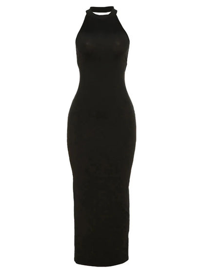 Backless Halter Bandage Summer Club Black Midi Dresses