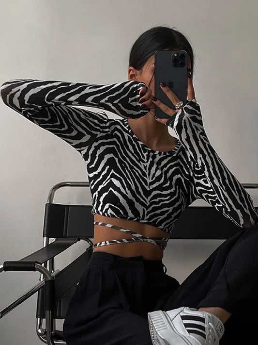 Backless Lace Ups Pullover Tees Autumn Black O-neck Slim Longsleeve Short T-shirt