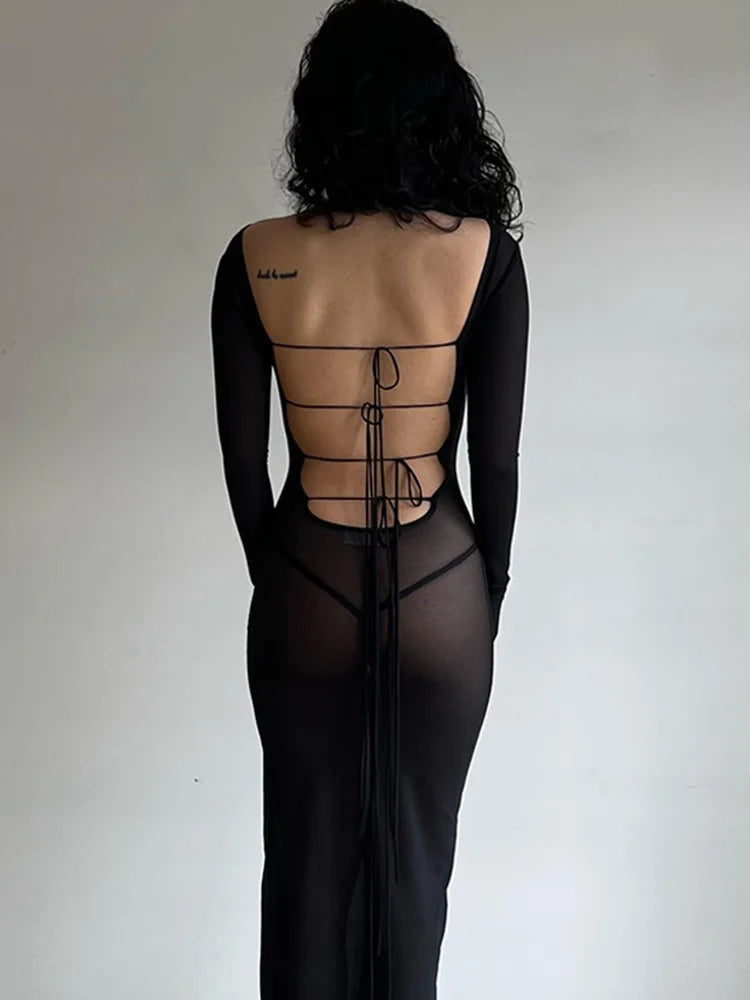 Backless Strappy Long Tulle Maxi Midi Dresses