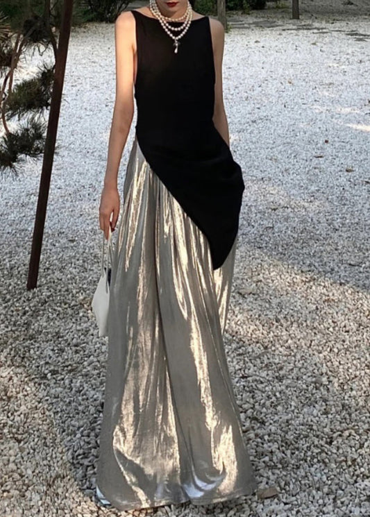 Black Asymmetrical Tops and Silver Pants Cotton Two Pieces Set Sleeveless Pp038