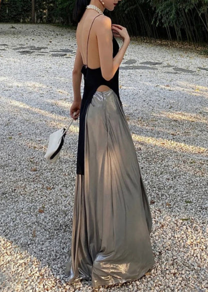 Black Asymmetrical Tops and Silver Pants Cotton Two Pieces Set Sleeveless Pp038