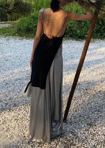 Black Asymmetrical Tops and Silver Pants Cotton Two Pieces Set Sleeveless Pp038