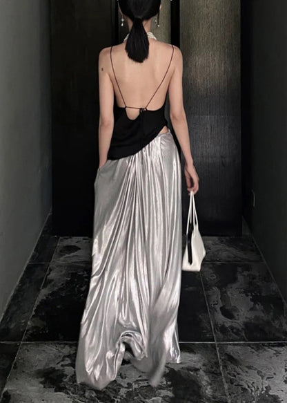 Black Asymmetrical Tops and Silver Pants Cotton Two Pieces Set Sleeveless Pp038