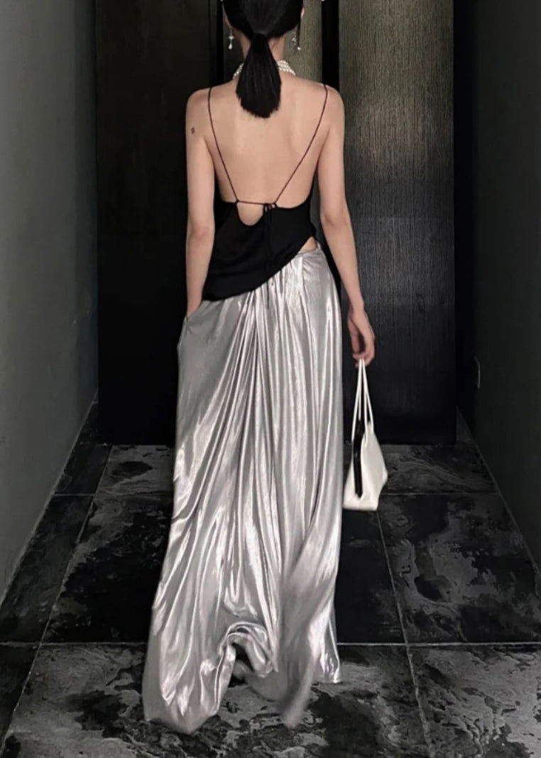 Black Asymmetrical Tops and Silver Pants Cotton Two Pieces Set Sleeveless Pp038