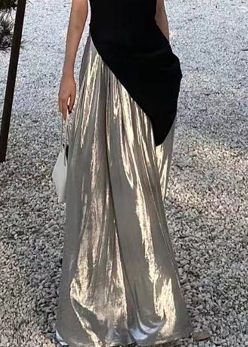 Black Asymmetrical Tops and Silver Pants Cotton Two Pieces Set Sleeveless Pp038