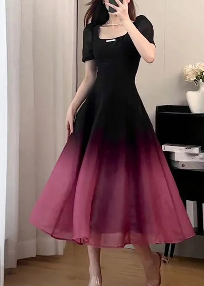 Black O-neck Gradient Color Long Dresses Short Sleeve Uu1059