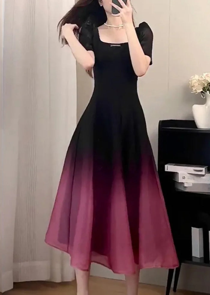 Black O-neck Gradient Color Long Dresses Short Sleeve Uu1059