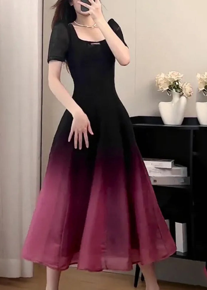 Black O-neck Gradient Color Long Dresses Short Sleeve Uu1059