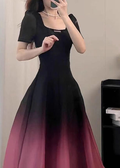 Black O-neck Gradient Color Long Dresses Short Sleeve Uu1059